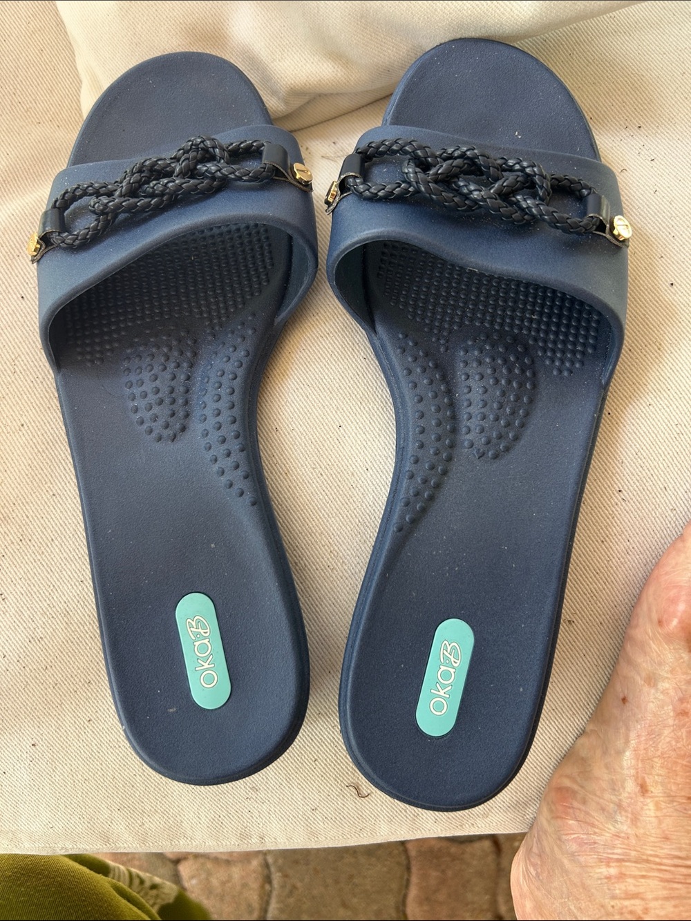 OKA b. Navy Braided Slide Sandals with Gold Accents